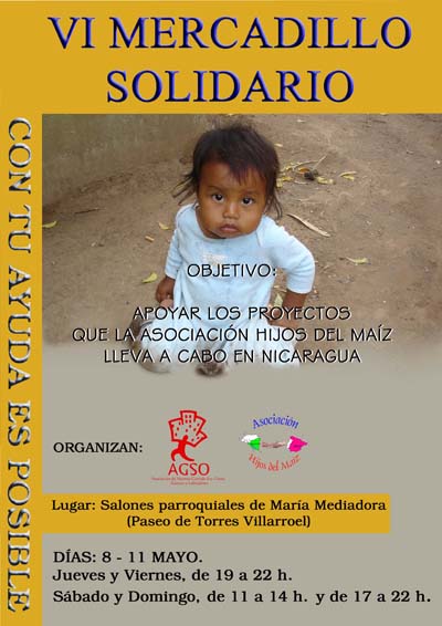 Cartel del VI mercadillo solidario organizado por los Hijos del Maiz. Haz doble clic para descargarlo en pdf.